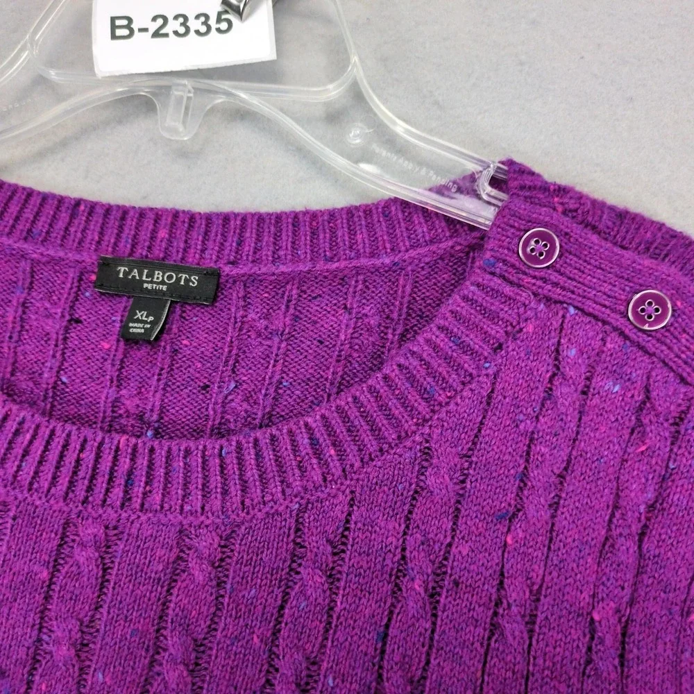 Talbots Purple Confetti Cable Knit Pullover Sweater Womens PXL Shoulder Buttons